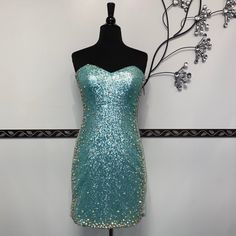 This Short Dress Features Beautiful Sequins, Embellished With Jewels, And Back Zipper Closure. Fitted Light Blue Sequin Evening Dress, Blue Fitted Sequin Dress With Sweetheart Neckline, Light Blue Embellished Fitted Dress, Glamorous Light Blue Sequined Dress, Embellished Light Blue Dress For Prom Season, Blue Embellished Mini Dress For Prom Season, Embellished Light Blue Prom Dress, Blue Embellished Mini Dress For Prom, Blue Embellished Homecoming Dress