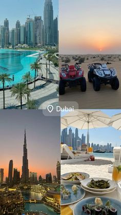 four different views of the city and beach in dubai, united arab emirates are shown