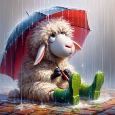 a cartoon sheep sitting in the rain with an umbrella over its head and green boots