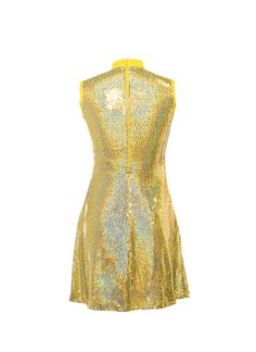 This gorgeous Yellow Spotlight Sewn-On Sequin Show Choir Dress has roomy hips to hem so dress stays down while dancing. Flattering cut gives no-cling shape and strong coil zipper assists in quick costume changes. Add a 4-row stretch rhinestone trim to neckband for total effect! Limited edition material. Show Choir Dress Features Sturdy zipper in back from hips to top of collar for fast on/off Comfortable binding around armholes Lined in soft knit polyester Includes color-matching high waist brie Stretch Knee-length Sequined Mini Dress, Sequin Dress For Dance And Party Season, Fitted Sequin Dance Dress, Fitted Sequin Dress For Dance, Fitted Mini Length Disco Dresses, Gold Fitted Disco Dress, Stretch Disco Dress For Summer, Fitted Sequin Mini Dress For Festive Occasions, Fitted Mini Sequin Dress For Festive Occasions