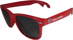 a pair of red sunglasses with the atlanta falcons logo on each side and black polarized lenses