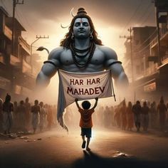 a man holding a sign that says har har mahadev