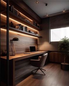 a home office with wooden shelves and lighting