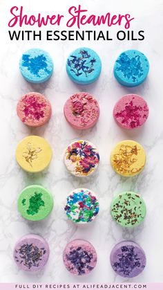 DIY Shower Steamers in a variety of colors, made with a variety of essential oils and decorations. Text overlay: shower steamers with essential oils. Shower Steamers Diy, Shower Fizzies, Shower Aromatherapy, Bath Bomb Recipes, Diy Aromatherapy, Steamer Recipes, Diy Shower, Homemade Soap Recipes, Diy Spa