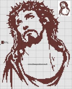 the face of jesus with long hair and beard in red on a white cross stitch pattern