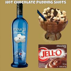 hot chocolate puddinging shots and an ice cream sundae with marshmallows