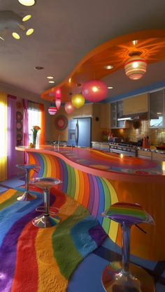 a brightly colored bar with stools and lights