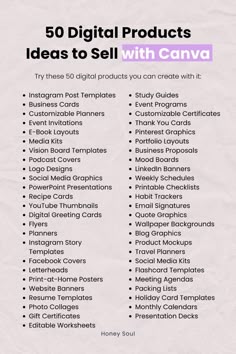 the top 50 digital products to sell with canva infoshes and tips on how to use them