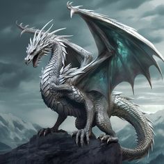 a white dragon sitting on top of a mountain