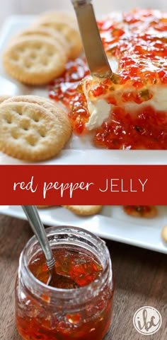 a red pepper jelly dessert with crackers on the side