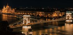 three panels depicting the view of budapest and the chain bridge at night