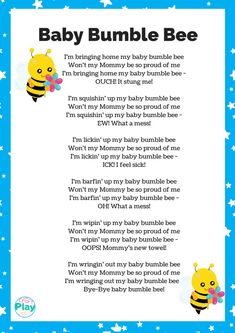 the baby bumble bee poem is shown in blue and white with stars on it