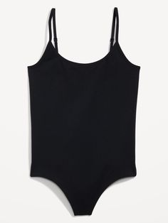 Adjustable shoulder straps.  Scoop neck.  Covered snap fastening at gusseted inseam.  Seamless jersey, with comfortable stretch.  Fitted through body.  Models are approximately 5'9" and are wearing sizes S (numeric size 4), L (numeric size 12), and X Solid Color Stretch Cami Swimwear, Black Bodysuit With Built-in Bra And Tank Straps, Seamless Stretch Cami Swimwear, Fitted Seamless Bodysuit, Stretch Seamless Cami Bodysuit, Stretch Cami Swimwear With Built-in Bra, Solid Stretch Cami Bodysuit, Stretch Cami Bodysuit With Lined Body, Seamless Second-skin Bodysuit With Spaghetti Straps