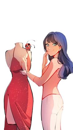 a woman in a red dress standing next to a mannequin with a lady bug on it