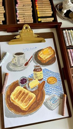 a painting of toast, jam and butter on a table next to crayons