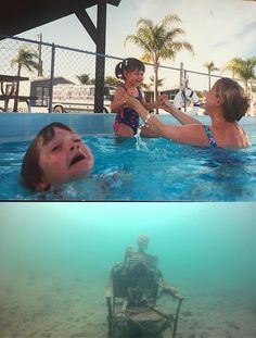 two pictures with people in the water and one is sitting on a chair while another person swims