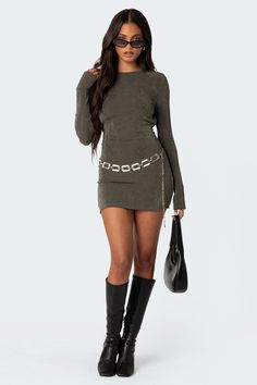 Mini dress Long sleeves Open back Polyester, Spandex Model wears size S Model height is 5'7 Item care: Wash with similar color Open Back Mini Dress, Swimwear Dress, Open Back Dresses, Outfits Aesthetic, Dress Backs, Dress Long, S Models, Model Height, Date Night Outfit