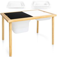 a wooden table with two trays and one black board on the top is shown