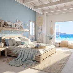 a bedroom with a large bed and ocean view