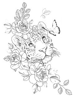 a black and white drawing of a leopard with flowers on it's head, surrounded by butterflies