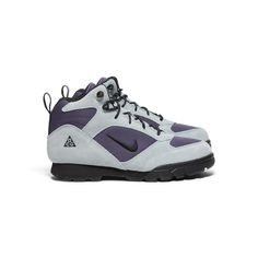 a white and purple sneaker with black laces on the outstep, side view