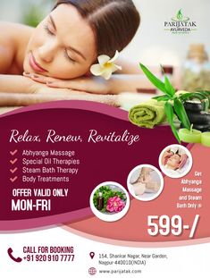 a flyer for a spa with an image of a woman laying on her back and massages