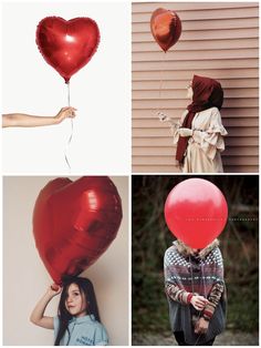 four different pictures with one woman holding a heart shaped balloon