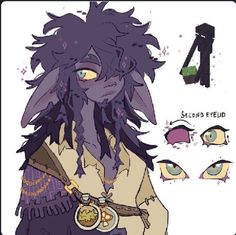 an anime character with purple hair and blue eyes, holding a bowl of food in his hand