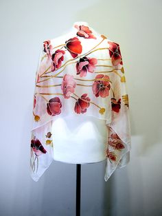 Neck scarf Firebird and Red Poppies  boho silk scarves hand White Silk Scarf Shawl, White Silk Shawl Scarf For Summer, White Silk Shawl Scarf, One Size, White Artistic Handmade Scarves, White Bohemian Silk Scarves, White Hand Painted Silk Scarf Gift, White Silk Scarf As A Gift, Artistic Handmade White Scarves, White Silk Scarf For Gift