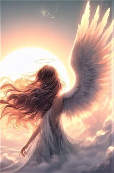 an angel standing in the clouds with her hair blowing back and wings spread wide open