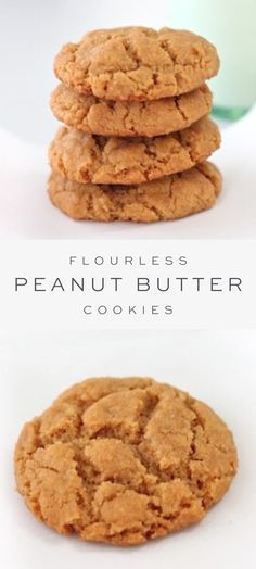 four cookies stacked on top of each other with the words flourless peanut butter cookies