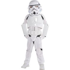 a child's star wars stormtrooper costume is shown in white and black