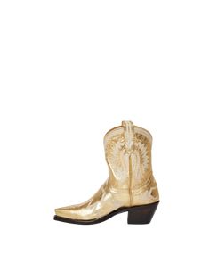 Maggie, our five-star darling, is the epitome of traditional western meets fashion. Elevated in our best-selling gold metallic, Maggie isn't just a cowboy boot; she's your go-to for every occasion. Her extra deep topline offers a super flattering silhouette that's endlessly versatile. Dress her up or dress her down—either way, Maggie promises to keep you looking fabulous from dawn till dusk. This boot is part of MC Personalization and can customize the Ear Pulls and/or add an interior Message Bo Gold Western Boots With Almond Toe, Gold Cowboy Boots, Gold Snip Toe Boots For Rodeo, Gold Metallic Cowboy Boots, Gold Leather Western Boots, Wedding Boots, Cowboy Boots Women, Luxury Women Fashion, Sell Gold