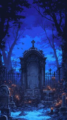 a cemetery at night with candles lit up