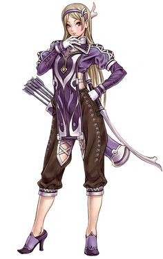 a drawing of a woman in purple and white outfit with two swords on her shoulder