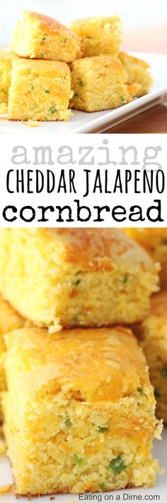 cornbreads stacked on top of each other with the words, amazing chedda jalapeno cornbread