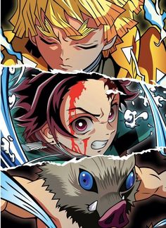 two anime characters, one with blood on his face and the other with blue eyes