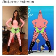 a woman in fishnet stockings and boots next to an image of a cartoon character