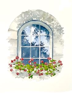 a watercolor painting of a window with red flowers and green leaves on the windowsill