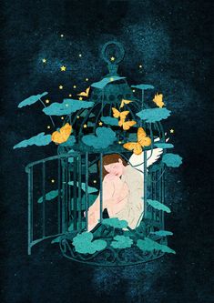 an illustration of a woman sitting in a cage with butterflies flying around her and on the ground