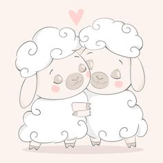 two white sheep hugging each other on a light pink background with hearts in the corner