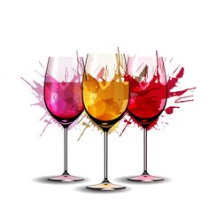 three wine glasses with different colors and splashes on the background - food objects illustrations