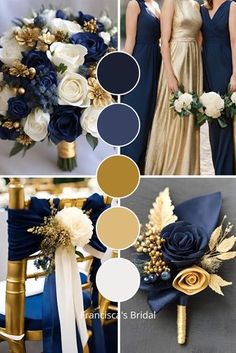 blue and gold wedding color palettes with white roses, greenery, navy blue sash