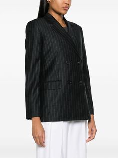 Find THEORY Pinstripe Virgin-wool Blazer on Editorialist. dark grey virgin wool pinstripe pattern shoulder pads notched lapels double-breasted button fastening long sleeves buttoned cuffs two front flap pockets straight hem Elegant Double-breasted Pinstripe Blazer, Elegant Pinstripe Double-breasted Blazer, Tailored Pinstripe Suits With Double-breasted Button Fastening, Elegant Pinstripe Outerwear With Double-breasted Button, Luxury Striped Blazer For Workwear, Pinstripe Double Breasted Suit For Work, Pinstripe Double Breasted Suit With Long Sleeves For Work, Striped Double Breasted Suit With Notch Lapel For Office, Elegant Striped Double-breasted Suit For Office