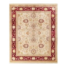 a red and beige rug with an ornate design on the center, in front of a white background