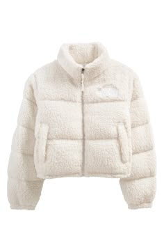 The North Face High Pile Fleece Nuptse Jacket available at #Nordstrom The North Face Long Sleeve Down Puffer Jacket, White Midweight Outerwear For Winter, White Midweight Winter Outerwear, North Face Coat, Winter Fits, North Face Women