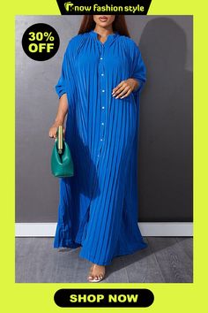 Blue Casual Solid Buckle O Neck Dresses Trendy Blue Maxi Dress For Day Out, Trendy Non-stretch Blue Dress, Blue Solid Color Maxi Dress For Fall, Trendy Solid Blue Dress, Trendy Blue Solid Color Dress, Trendy Blue Maxi Dress, Blue Pleated Maxi Dress For Fall, Royal Blue Long Sleeve Maxi Dress For Spring, Chic Blue Non-stretch Maxi Dress