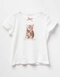 Full Tilt Kitty Bow Baby Tee. Cat Graphic Screened On Chest. Bow Detail At Center Front Collar. Crew Neck. Short Sleeve. 100% Cotton. Machine Wash. Imported. | Full Tilt Kitty Bow Girls Baby Tee