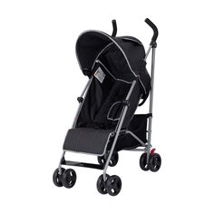 the stroller is black and silver with wheels