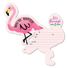 a pink flamingo shaped party card with the words, you're in it